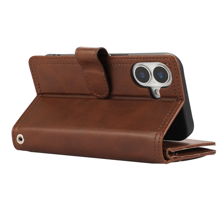 For iPhone 16 Plus Wristband Card Slot Leather Phone Case(Coffee)