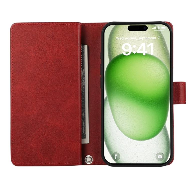 For iPhone 16 Wristband Card Slot Leather Phone Case(Red)