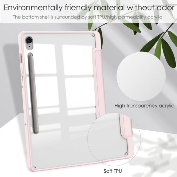For Samsung Galaxy Tab S9 FE / S10 FE Acrylic 3-folding Smart Leather Tablet Case with Pen Slot(Pink)