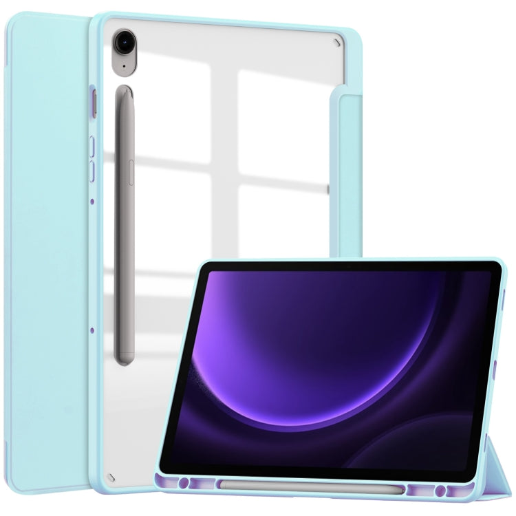 For Samsung Galaxy Tab S9 FE Acrylic 3-folding Smart Leather Tablet Case with Pen Slot(Sky Blue)