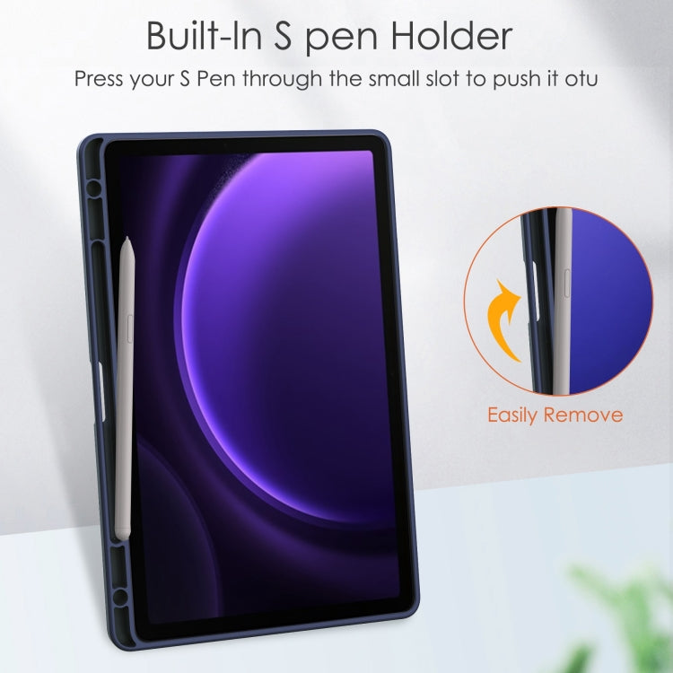 For Samsung Galaxy Tab S9 FE Acrylic 3-folding Smart Leather Tablet Case with Pen Slot(Dark Blue)