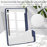 For Samsung Galaxy Tab S9 FE Acrylic 3-folding Smart Leather Tablet Case with Pen Slot(Dark Blue)