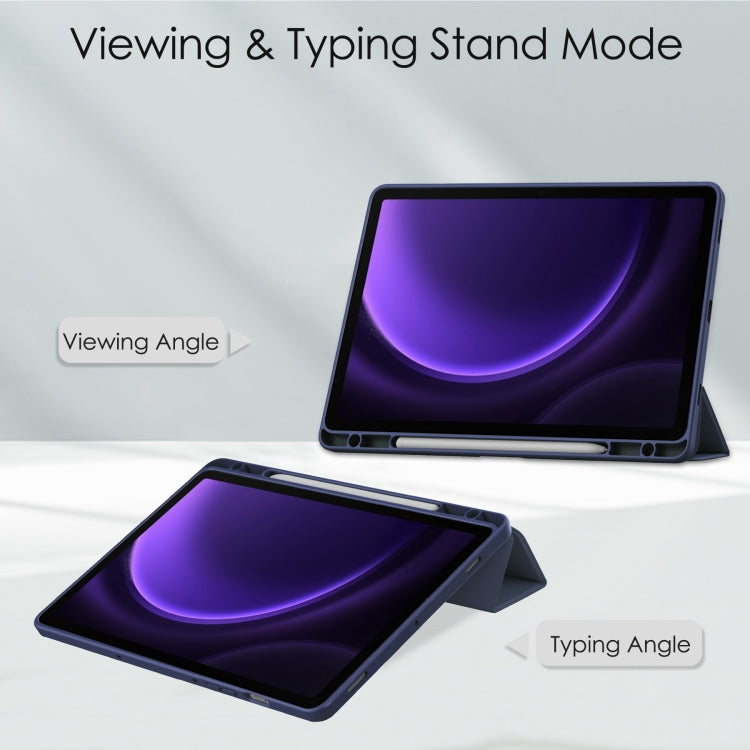For Samsung Galaxy Tab S9 FE Acrylic 3-folding Smart Leather Tablet Case with Pen Slot(Dark Blue)