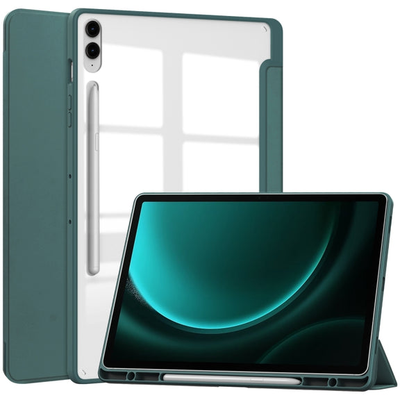 For Samsung Galaxy Tab S9 FE+ / S10+ Acrylic 3-folding Smart Leather Tablet Case with Pen Slot(Dark Green)
