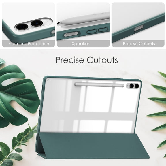 For Samsung Galaxy Tab S9 FE+ / S10+ Acrylic 3-folding Smart Leather Tablet Case with Pen Slot(Dark Green)
