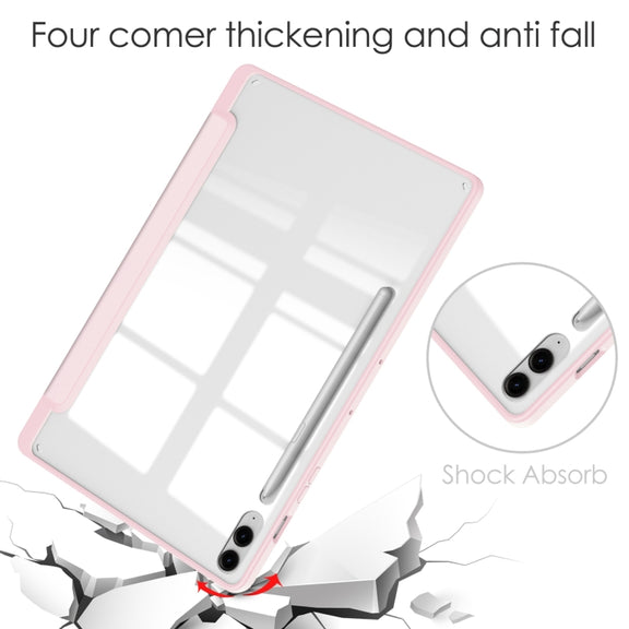 For Samsung Galaxy Tab S9 FE+ / S10+ Acrylic 3-folding Smart Leather Tablet Case with Pen Slot(Pink)