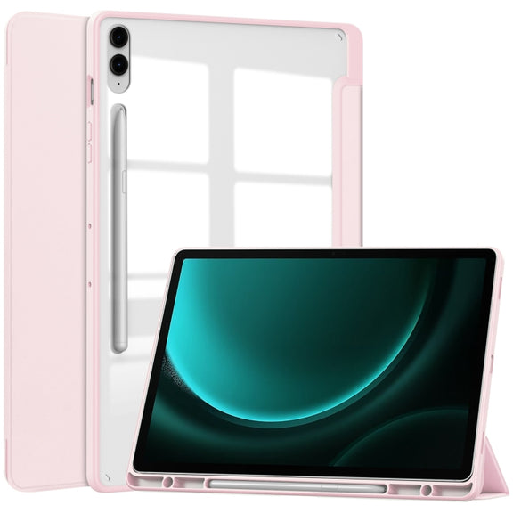 For Samsung Galaxy Tab S9 FE+ / S10+ Acrylic 3-folding Smart Leather Tablet Case with Pen Slot(Pink)