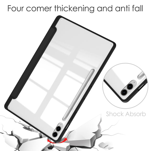 For Samsung Galaxy Tab S9 FE+ Acrylic 3-folding Smart Leather Tablet Case with Pen Slot(Black)