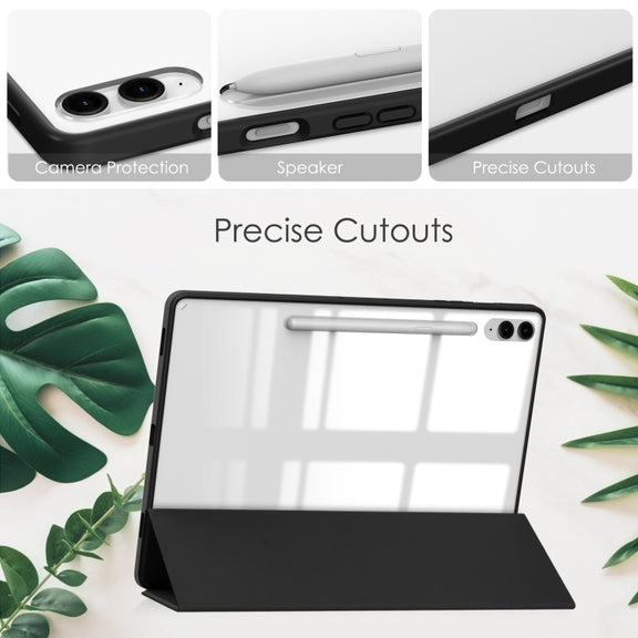 For Samsung Galaxy Tab S9 FE+ Acrylic 3-folding Smart Leather Tablet Case with Pen Slot(Black)