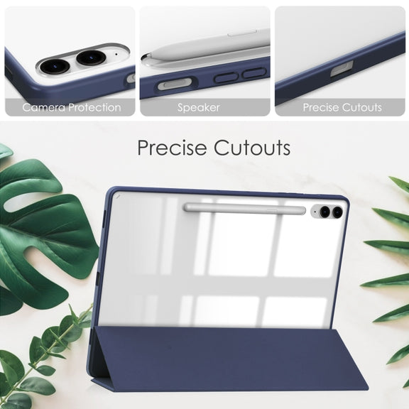For Samsung Galaxy Tab S9 FE+ / S10+ Acrylic 3-folding Smart Leather Tablet Case with Pen Slot(Dark Blue)