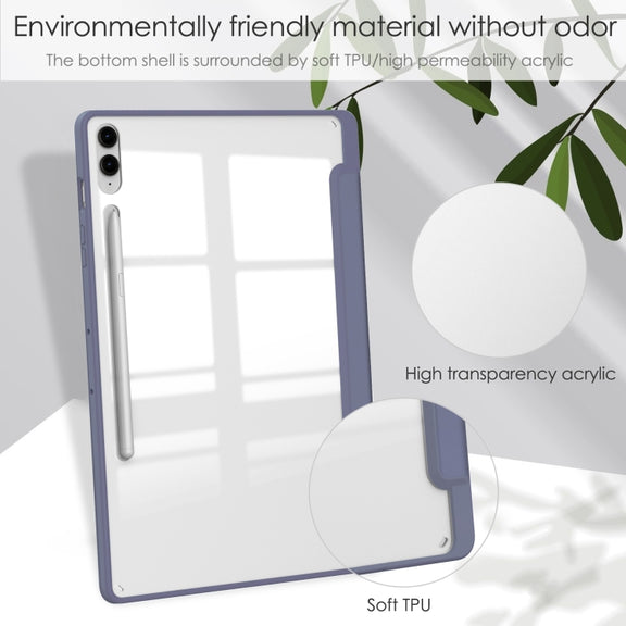 For Samsung Galaxy Tab S9 FE+ / S10+ Acrylic 3-folding Smart Leather Tablet Case with Pen Slot(Lavender)