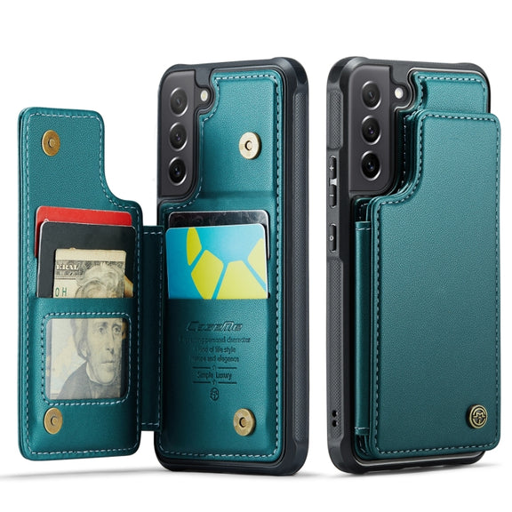 For Samsung Galaxy S21 FE 5G CaseMe C22 Card Slots Holder RFID Anti-theft Phone Case(Blue Green)