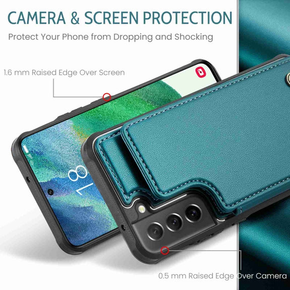 For Samsung Galaxy S21 FE 5G CaseMe C22 Card Slots Holder RFID Anti-theft Phone Case(Blue Green)