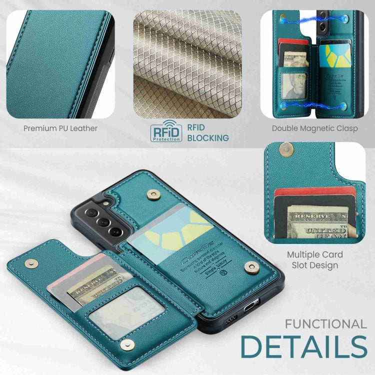 For Samsung Galaxy S21 FE 5G CaseMe C22 Card Slots Holder RFID Anti-theft Phone Case(Blue Green)