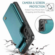 For Samsung Galaxy S21 FE 5G CaseMe C22 Card Slots Holder RFID Anti-theft Phone Case(Blue Green)
