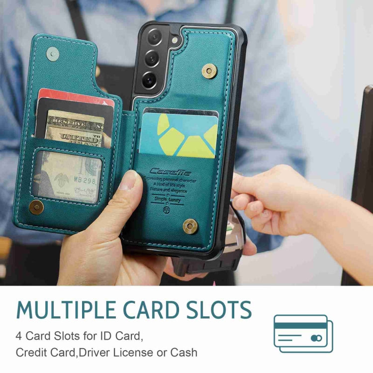 For Samsung Galaxy S21 FE 5G CaseMe C22 Card Slots Holder RFID Anti-theft Phone Case(Blue Green)