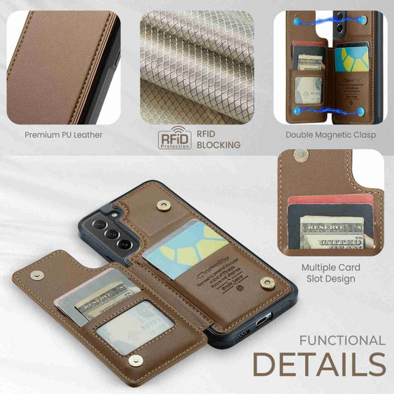 For Samsung Galaxy S21 FE 5G CaseMe C22 Card Slots Holder RFID Anti-theft Phone Case(Brown)