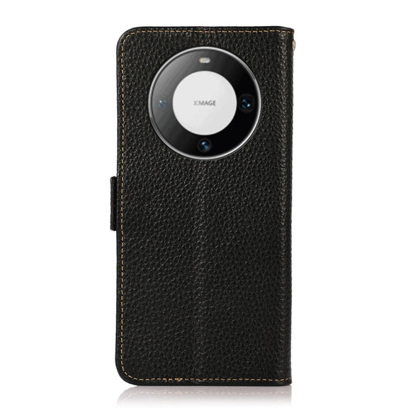 For Huawei Mate 60 KHAZNEH Side-Magnetic Litchi Genuine Leather RFID Case(Black)