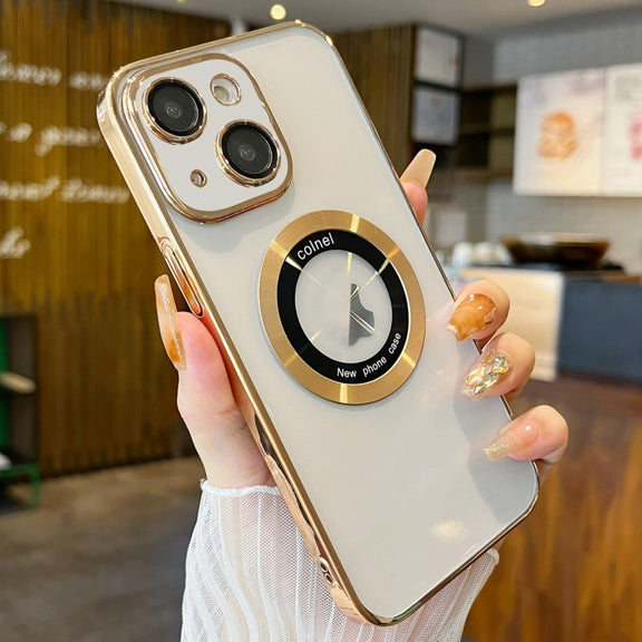 For iPhone 15 Plus Transparent Electroplated PC MagSafe Phone Case(Gold)