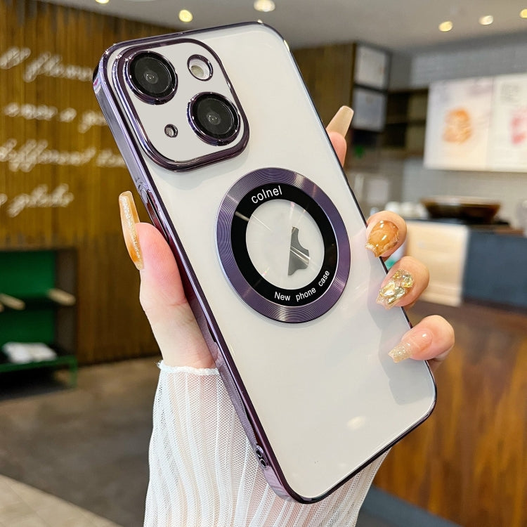 For iPhone 14 Transparent Electroplated PC MagSafe Phone Case(Purple)