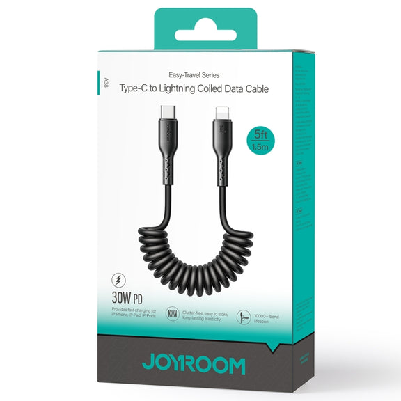JOYROOM SA38-CL3 30W USB-C / Type-C to 8 Pin Coiled Fast Charging Data Cable, Length:1.5m(Black)