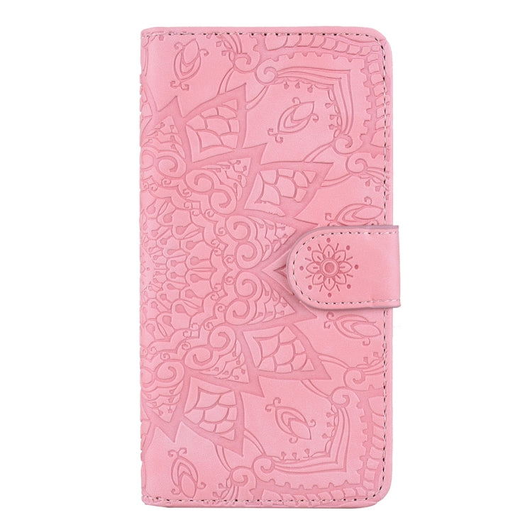 For iPhone 16 Pro Max Mandala Embossed Dual-Fold Calf Leather Phone Case(Pink)