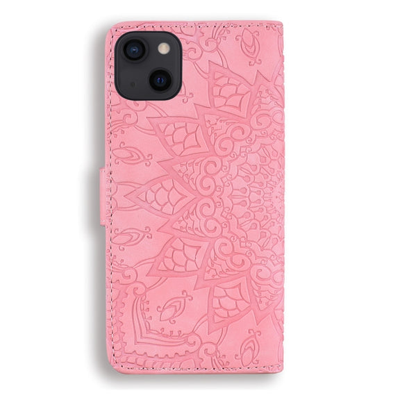 For iPhone 16 Pro Max Mandala Embossed Dual-Fold Calf Leather Phone Case(Pink)