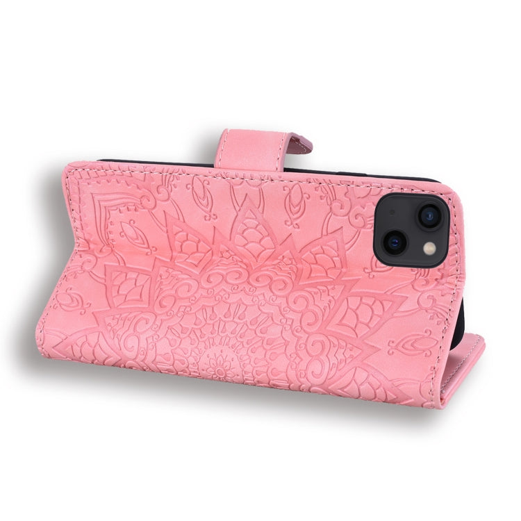 For iPhone 16 Pro Max Mandala Embossed Dual-Fold Calf Leather Phone Case(Pink)