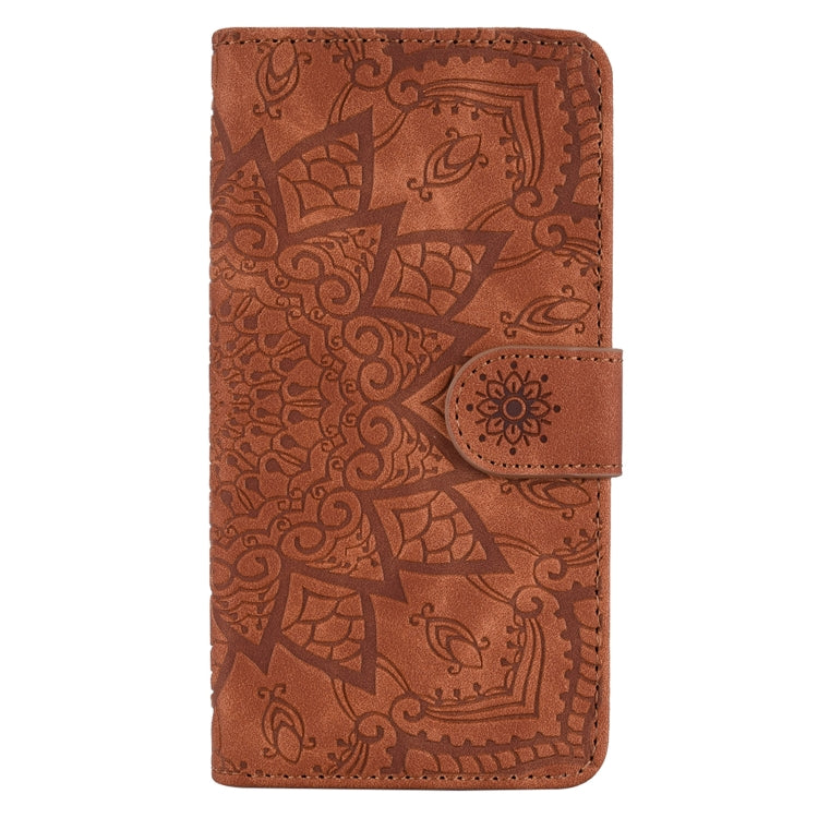 For iPhone 16 Pro Mandala Embossed Dual-Fold Calf Leather Phone Case(Brown)