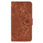 For iPhone 16 Pro Mandala Embossed Dual-Fold Calf Leather Phone Case(Brown)