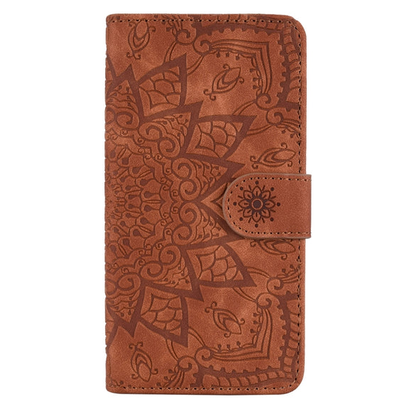 For iPhone 16 Pro Mandala Embossed Dual-Fold Calf Leather Phone Case(Brown)