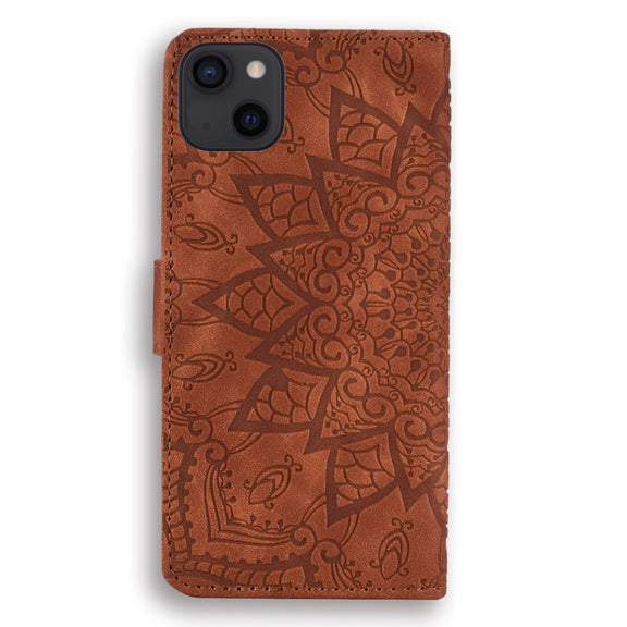 For iPhone 16 Pro Mandala Embossed Dual-Fold Calf Leather Phone Case(Brown)