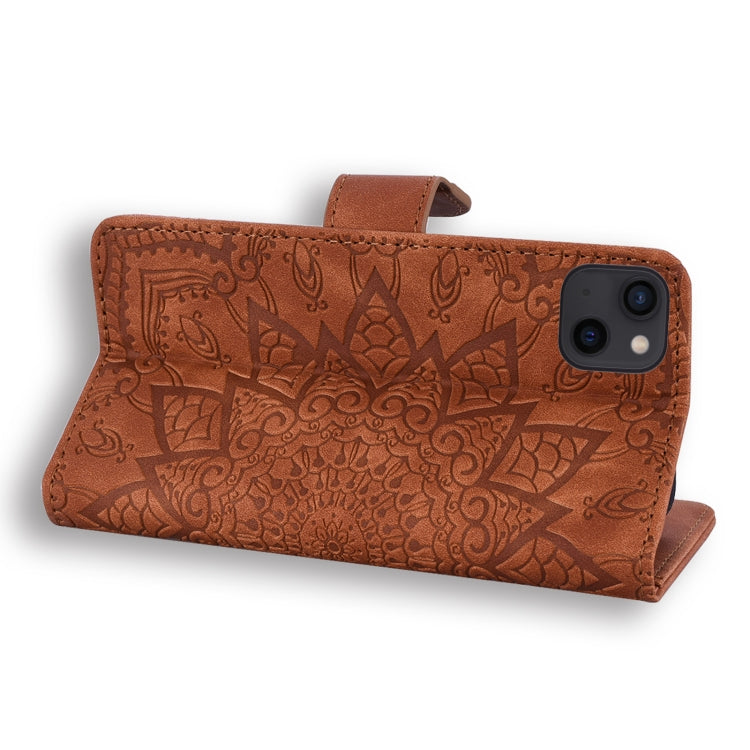 For iPhone 16 Pro Mandala Embossed Dual-Fold Calf Leather Phone Case(Brown)