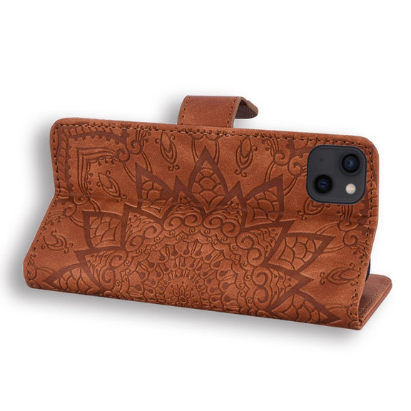 For iPhone 16 Pro Mandala Embossed Dual-Fold Calf Leather Phone Case(Brown)