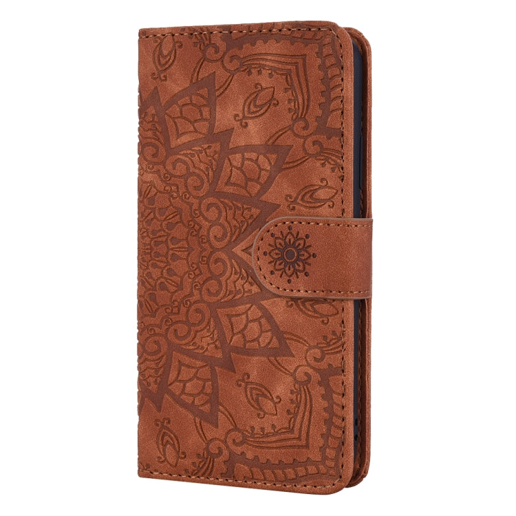 For iPhone 16 Plus Mandala Embossed Dual-Fold Calf Leather Phone Case(Brown)