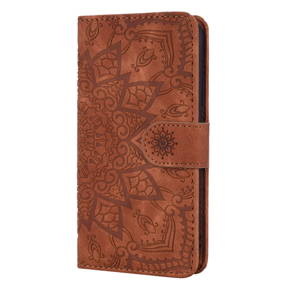 For iPhone 16 Plus Mandala Embossed Dual-Fold Calf Leather Phone Case(Brown)