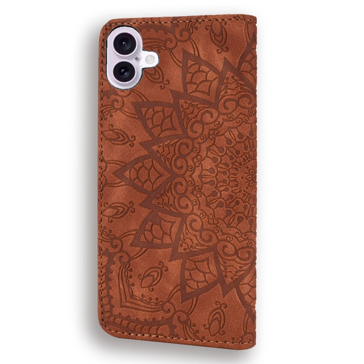 For iPhone 16 Plus Mandala Embossed Dual-Fold Calf Leather Phone Case(Brown)