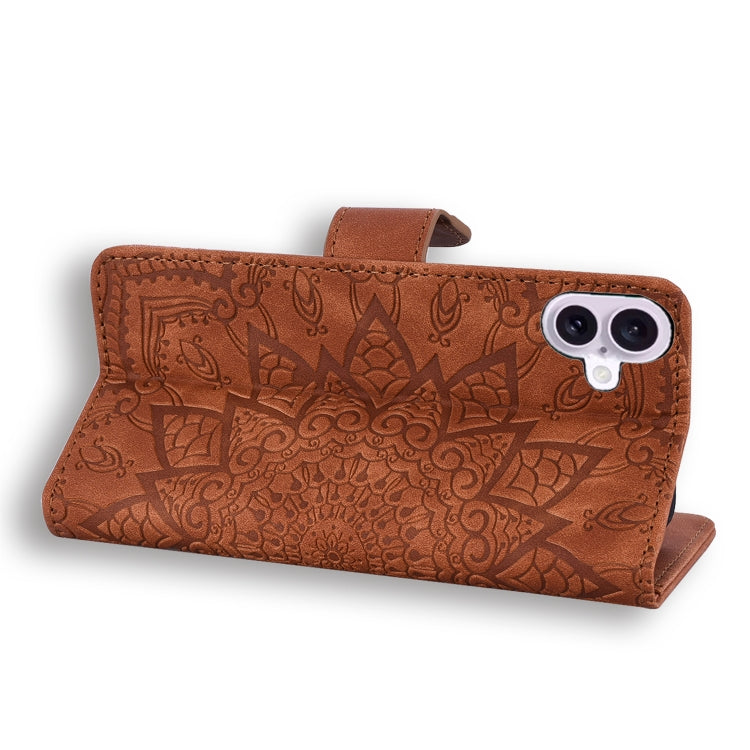 For iPhone 16 Plus Mandala Embossed Dual-Fold Calf Leather Phone Case(Brown)