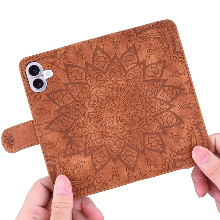 For iPhone 16 Plus Mandala Embossed Dual-Fold Calf Leather Phone Case(Brown)