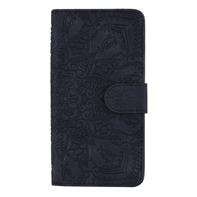 For iPhone 16 Mandala Embossed Dual-Fold Calf Leather Phone Case(Black)