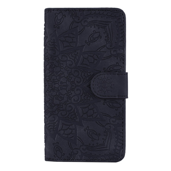 For iPhone 16 Mandala Embossed Dual-Fold Calf Leather Phone Case(Black)