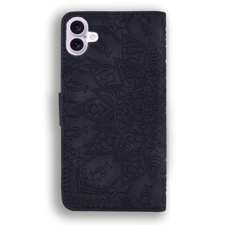 For iPhone 16 Mandala Embossed Dual-Fold Calf Leather Phone Case(Black)