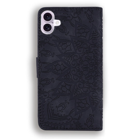 For iPhone 16 Mandala Embossed Dual-Fold Calf Leather Phone Case(Black)