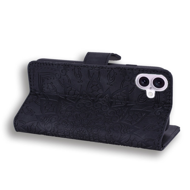 For iPhone 16 Mandala Embossed Dual-Fold Calf Leather Phone Case(Black)