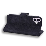 For iPhone 16 Mandala Embossed Dual-Fold Calf Leather Phone Case(Black)