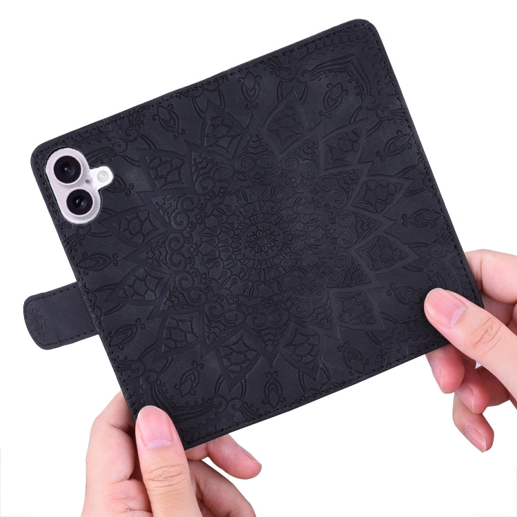 For iPhone 16 Mandala Embossed Dual-Fold Calf Leather Phone Case(Black)