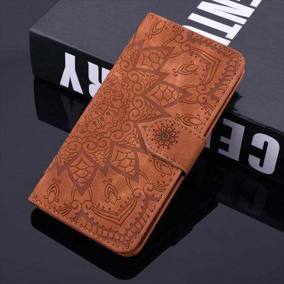 For iPhone 16e Mandala Embossed Dual-Fold Calf Leather Phone Case(Brown)