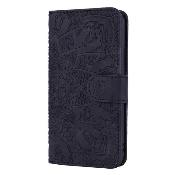 For iPhone 16e Mandala Embossed Dual-Fold Calf Leather Phone Case(Black)