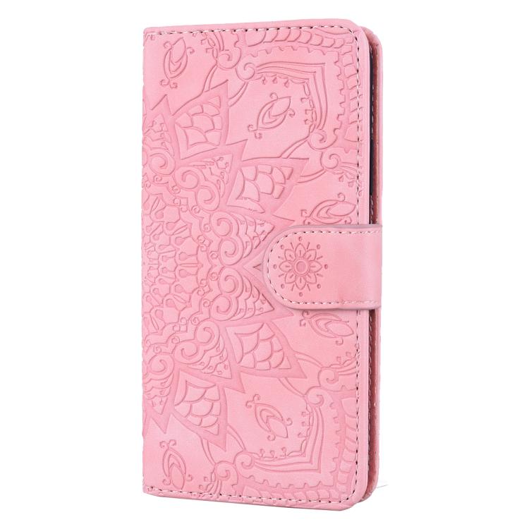 For iPhone 16e Mandala Embossed Dual-Fold Calf Leather Phone Case(Pink)