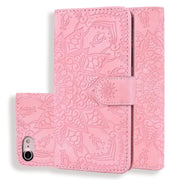 For iPhone 16e Mandala Embossed Dual-Fold Calf Leather Phone Case(Pink)